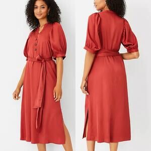 Ann Taylor Puff Sleeve Tie Waist Shirtdress In Bronze Red V-Neck Size Small